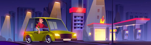 Autista sulla stazione di rifornimento dell'auto di notte servizio di rifornimento di benzina Uomo seduto in automobile vicino al negozio di benzina facciata edificio vendita carburante per veicoli urbani ricarica gas Cartoon illustrazione vettoriale