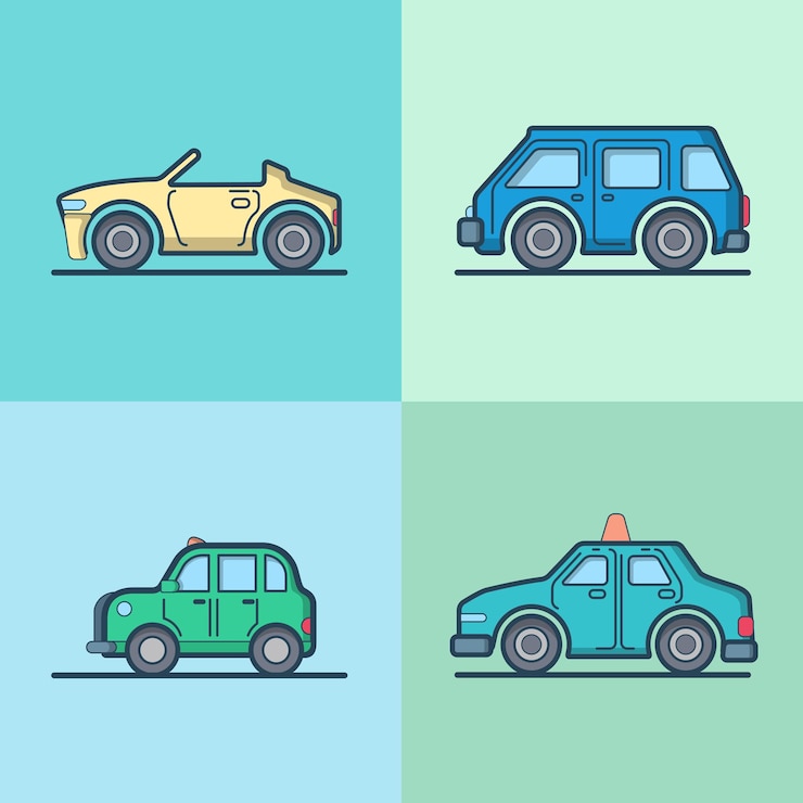Vettore gratuito auto automobile cabriolet cabriolet taxi cab mini bus berlina hatchback cool set di trasporto