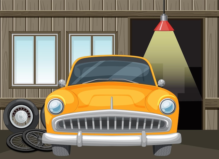 Vettore gratuito auto d'epoca in un garage rustico