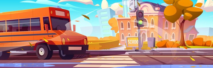 Vettore gratuito autobus giallo sulla strada vicino all'edificio scolastico