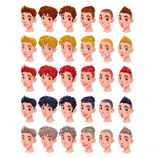 Vettore gratuito avatar ragazzi vettore isolato articoli 6 acconciature in 5 colori 6 bocche differenti e 5 colori degli occhi nel file vettoriale si può facilmente mescolare tutti questi elementi