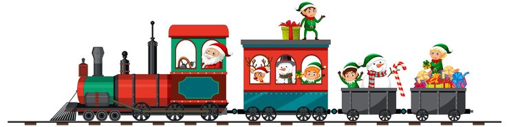Vettore gratuito babbo natale ed elfi di natale sul treno
