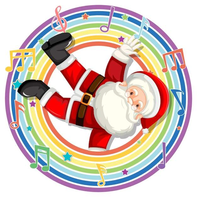Babbo Natale in cornice rotonda arcobaleno con simboli di melodia