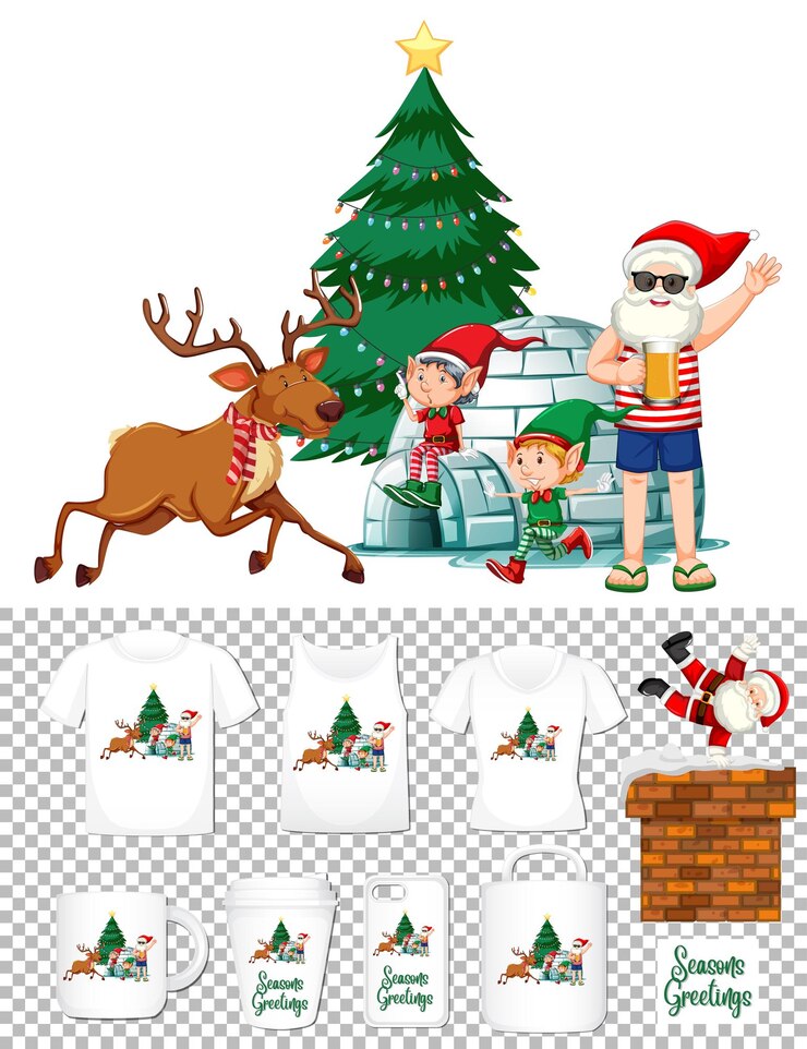 Vettore gratuito babbo natale in costume estivo personaggio dei cartoni animati con set di diversi vestiti e accessori prodotti su sfondo trasparente