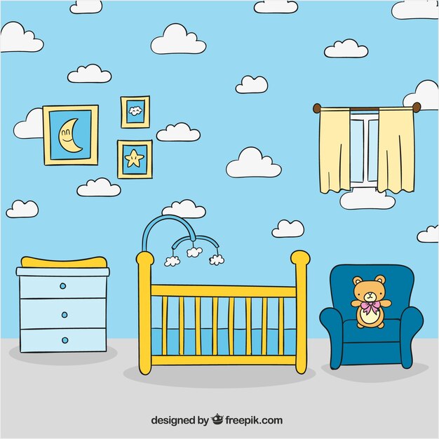 baby room disegnati a mano con culla e poltrona
