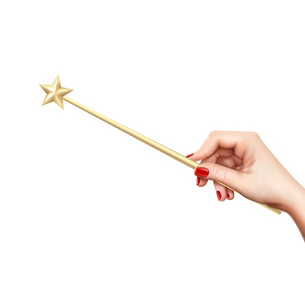 Bacchetta magica dorata realistica con la stella in mano femminile sull&#39;illustrazione bianca di vettore del fondo