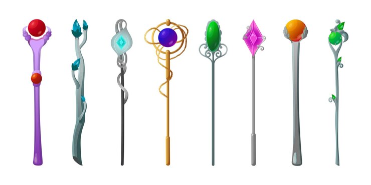 Vettore gratuito bacchette magiche colorate per set di illustrazioni di cartoni animati di maghi. bastoni da passeggio per maghi in metallo con cristalli per giochi, interfaccia app. personale e attrezzature per le streghe. fantasia, fiaba, concetto di stregoneria