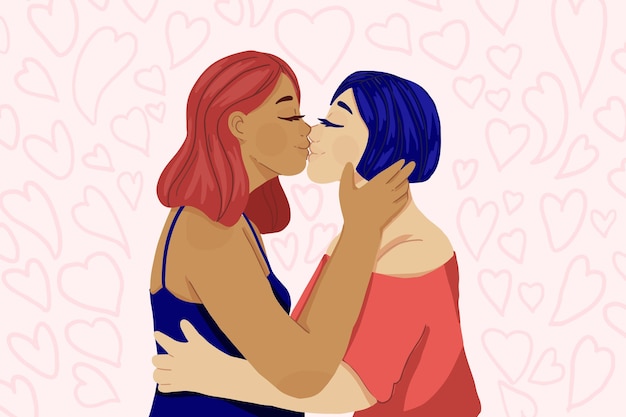Bacio lesbico affettuoso disegnato a mano