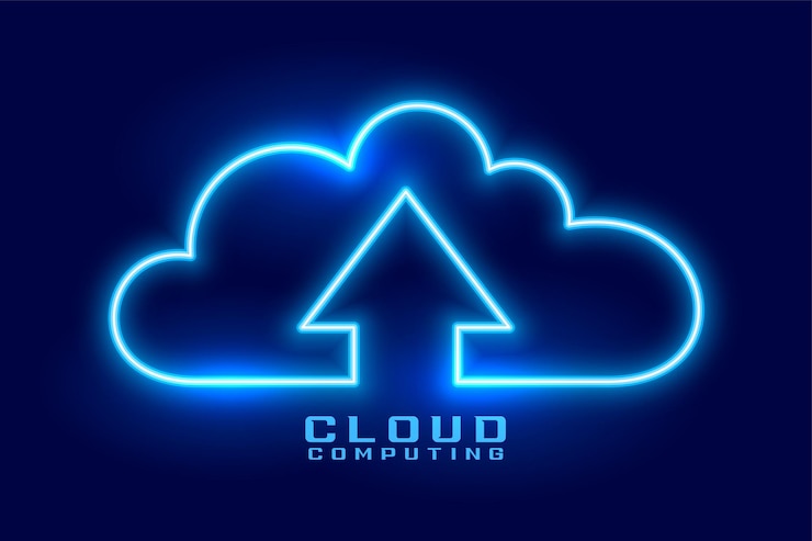 Vettore gratuito background tecnico di cloud computing in stile neon luminoso per la connessione a internet