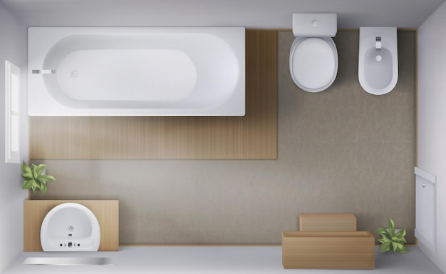 Bagno interno camera vista dall'alto con vasca da bagno vuota wc e bidet ciotole lavabo in ceramica con specchio tappeto per finestra sul pavimento moderno lavabo