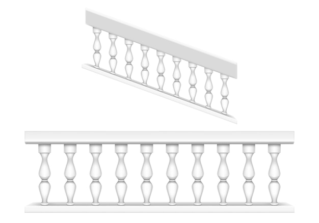 Balaustra in marmo bianco per balcone, veranda o giardino e corrimano per scala in classico stile romano. set realistico di ringhiera in pietra barocca, ringhiera con pilastri, antico recinto con colonne