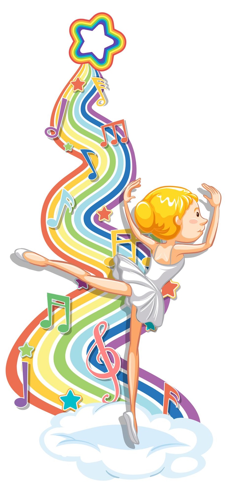 Vettore gratuito ballerina con simboli di melodia sull'onda arcobaleno