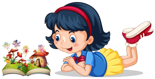 Bambina che guarda le fate nel libro