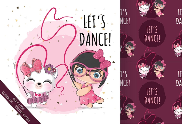 Vettore gratuito bambina sveglia con il modello senza cuciture di ballo felice del gatto del bambino illustrazione dello sfondo
