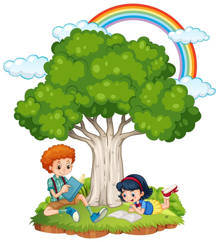 Vettore gratuito bambini che fanno i compiti sotto l'albero