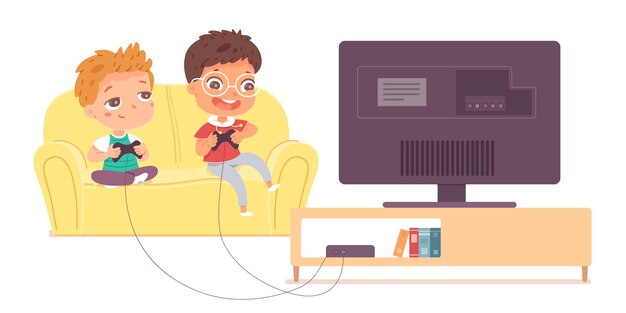Bambini che giocano ai videogiochi in tv a casa Ragazzi felici che tengono la console e giocano ai videogiochi con i joystick in mano