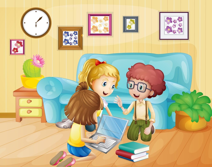 Vettore gratuito bambini che lavorano al computer a casa