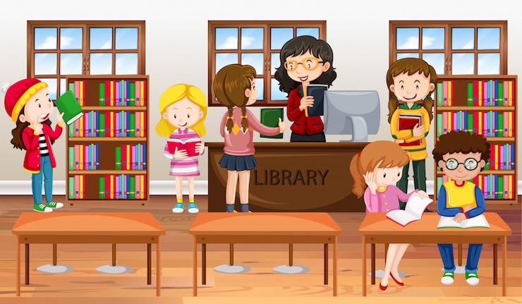 Vettore gratuito bambini che leggono libri in biblioteca