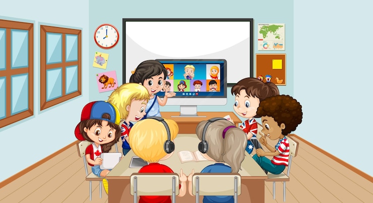 Vettore gratuito bambini che utilizzano laptop per comunicare in videoconferenza con insegnanti e amici nella scena della classe