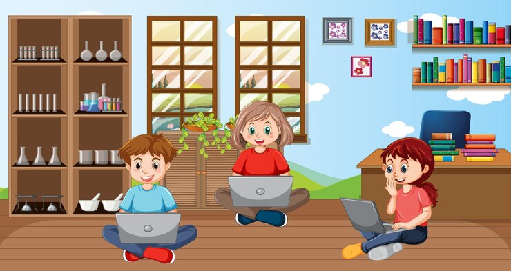 Vettore gratuito bambini che utilizzano laptop per l'apprendimento online