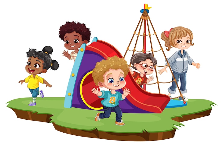 Vettore gratuito bambini di razze diverse che giocano allo scivolo del parco giochi