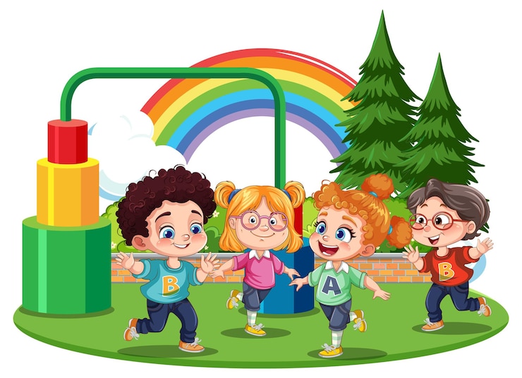 Vettore gratuito bambini di razze diverse che giocano allo scivolo del parco giochi