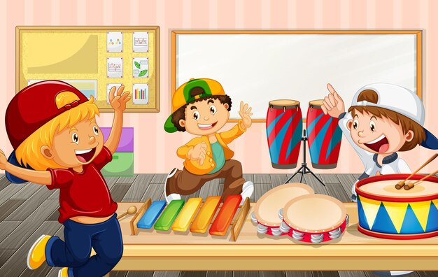 Bambini in classe con vari strumenti musicali