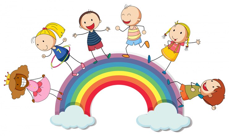 Vettore gratuito bambini in piedi sull'arcobaleno