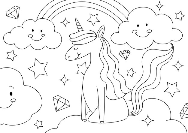 Bambini unicorno da colorare pagina vettoriale, disegno stampabile vuoto per i bambini da compilare