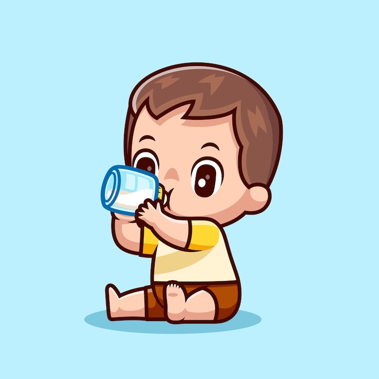 Vettore gratuito bambino carino beve latte con bottiglia cartoon vector icon illustrazione gente beve isolato piatto