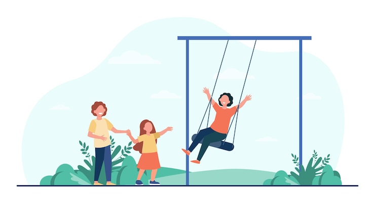 Vettore gratuito bambino felice che oscilla sull'altalena. i bambini si divertono nel parco giochi nel parco.