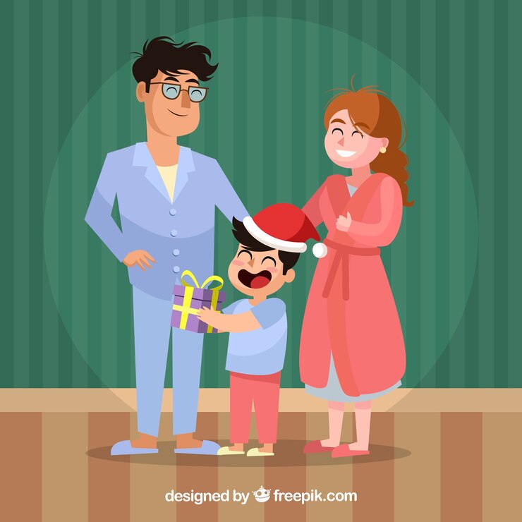 Vettore gratuito bambino felice che riceve un regalo dai suoi genitori
