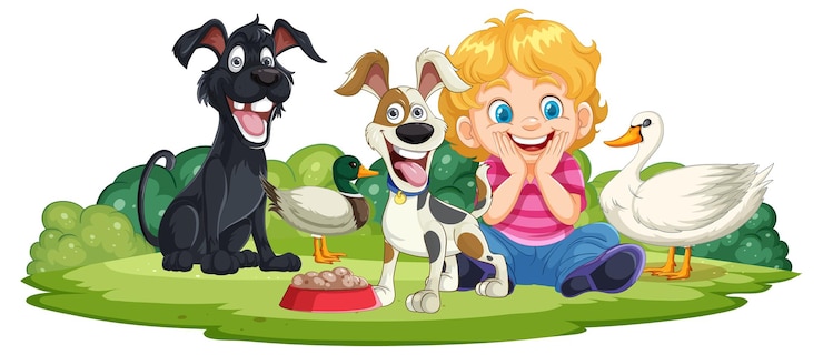 Vettore gratuito bambino felice con gli animali domestici all'aperto