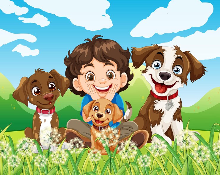 Vettore gratuito bambino felice con i cani nel campo