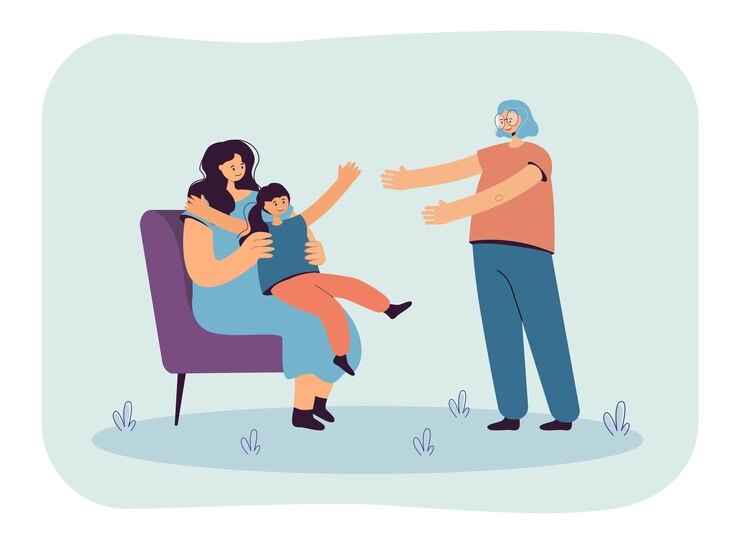 Vettore gratuito bambino seduto sulle ginocchia della mamma e allungando le mani per la sorella maggiore. bambina felice che trascorre del tempo con l'illustrazione vettoriale piatta della famiglia. amore, concetto di gioia per banner, design di siti web o pagine web di destinazione