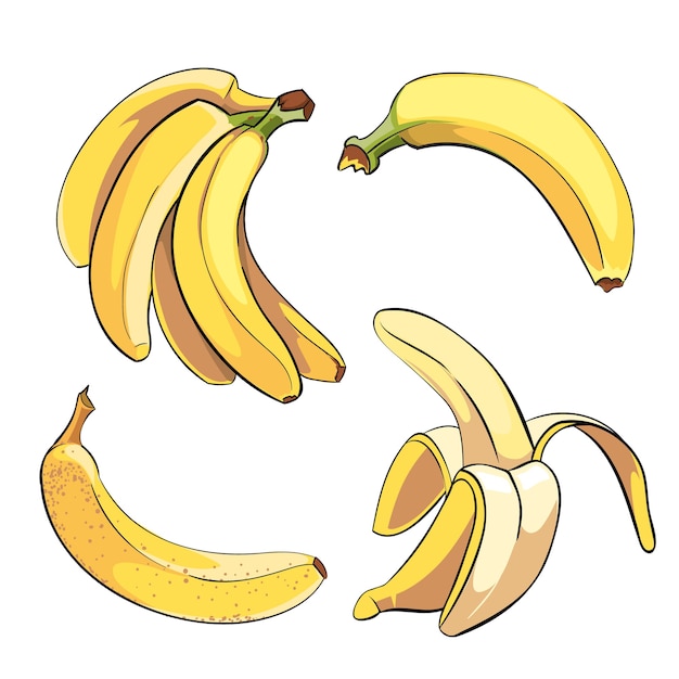 Banane impostate in stile cartone animato. Frutta cibo dolce maturo, illustrazione vettoriale
