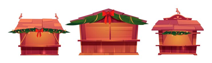 Vettore gratuito bancarelle del mercatino di natale, chioschi di festival in legno per la vendita di prodotti alimentari