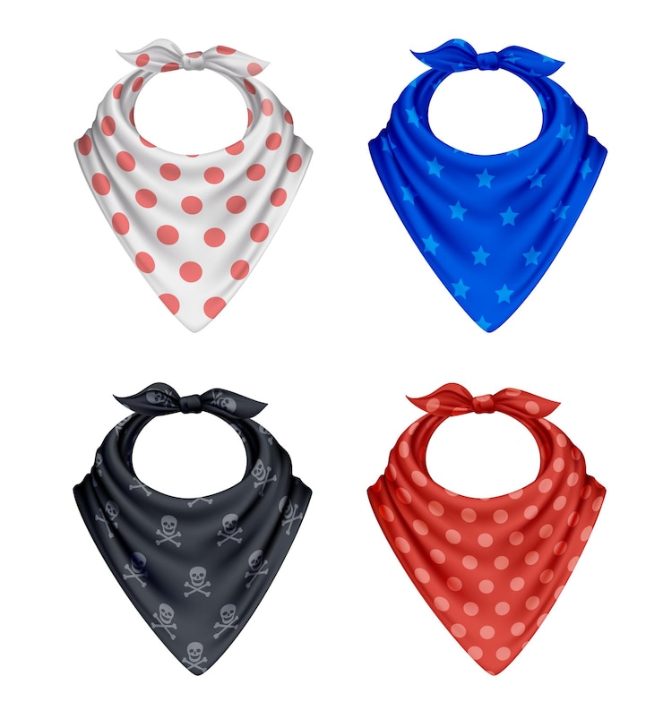 Vettore gratuito bandana sciarpa buff fazzoletto realistico polkadot set di quattro prodotti tessili colorati