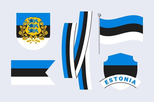 Bandiera dell'estonia disegnata a mano e collezione di emblemi nazionali