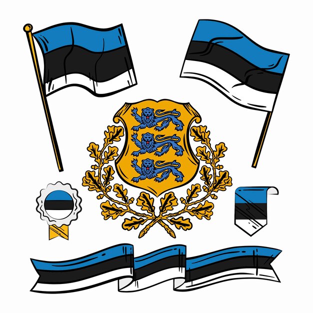 Bandiera dell'estonia disegnata a mano e collezione di emblemi nazionali