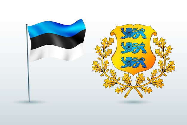 Bandiera dell'estonia realistica e collezione di emblemi nazionali