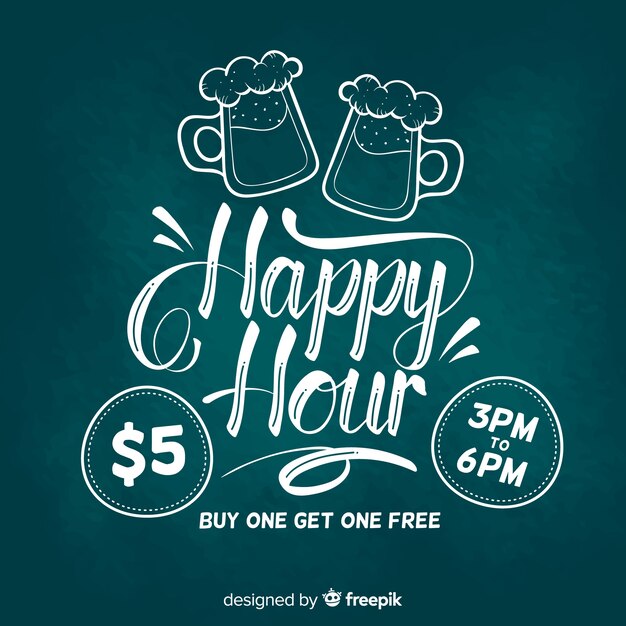 Bandiera dell'iscrizione dell'happy hour sulla lavagna