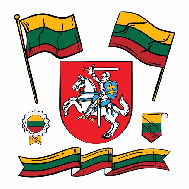 Bandiera della lituania disegnata a mano e collezione di emblemi nazionali