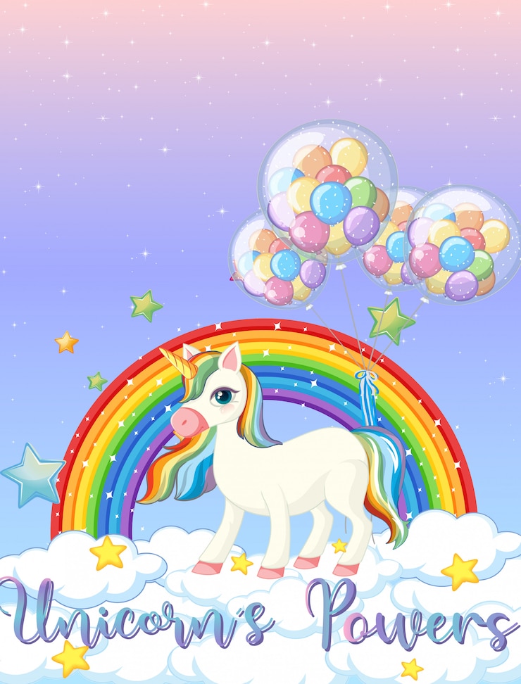 Vettore gratuito bandiera in bianco con unicorno carino sullo sfondo del cielo pastello
