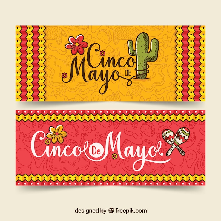 Vettore gratuito bandiere cinco de mayo con elementi tradizionali
