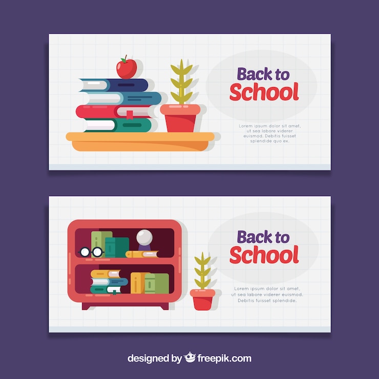 Vettore gratuito bandiere con libri scolastici in design piatto