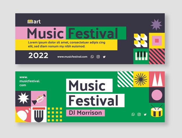 Bandiere del festival di musica del mosaico di design piatto orizzontali
