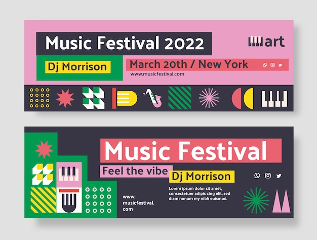 Bandiere del festival di musica del mosaico di design piatto orizzontali