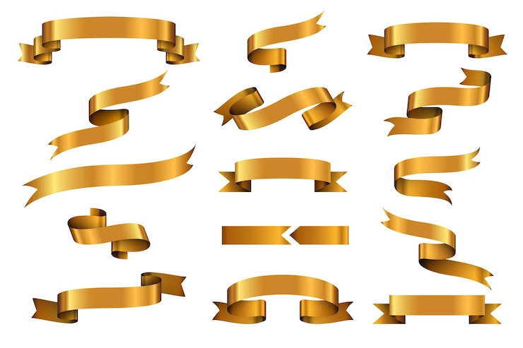 Vettore gratuito bandiere di vettore del nastro lucido dell'oro impostate. etichetta nastro oro lucido, tag nastro arricciato, sventolando nastro oro lucido illustrazione