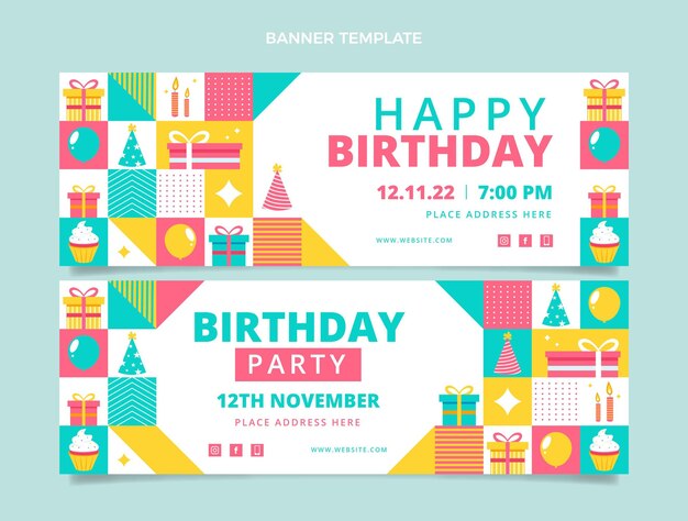 Bandiere orizzontali di compleanno del mosaico di design piatto